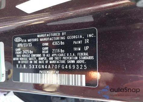 2015 Kia Optima Ex z USA, uszkodzony, nr VIN 5XXGN4A70FG469325